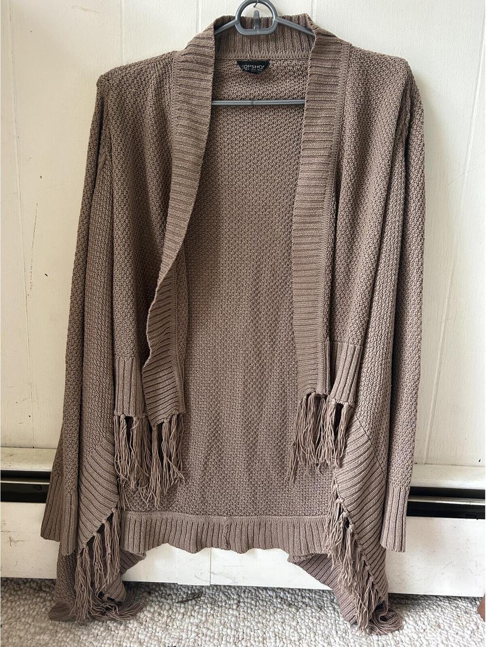 Topshop Brown Knit Fringe Cardigan Sweater Size US 4